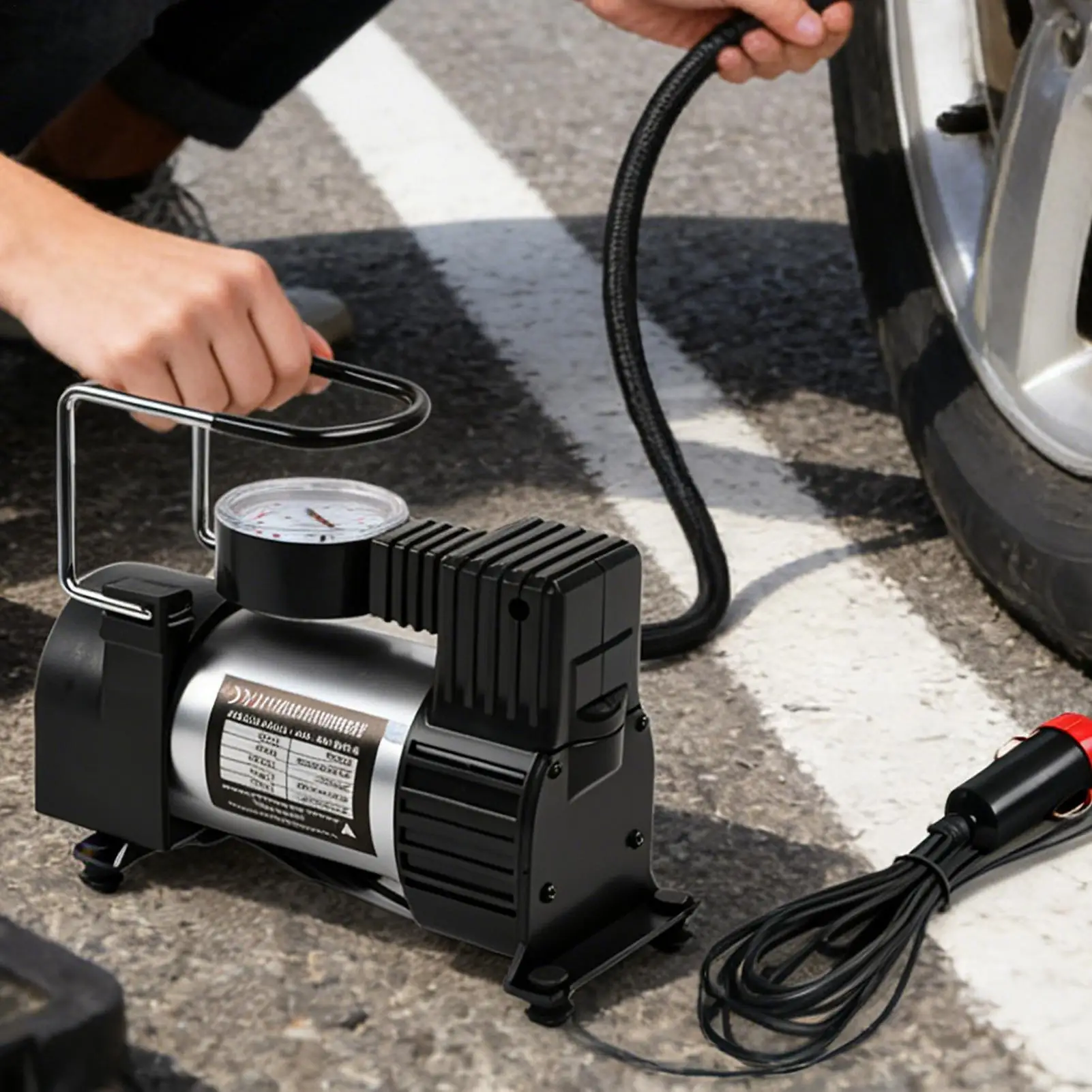 Car Tire Inflator With Pressure Gauge Metal Electric Car Air Pump Single Cylinders Air Compressor For Bike Ball Balloons Pool