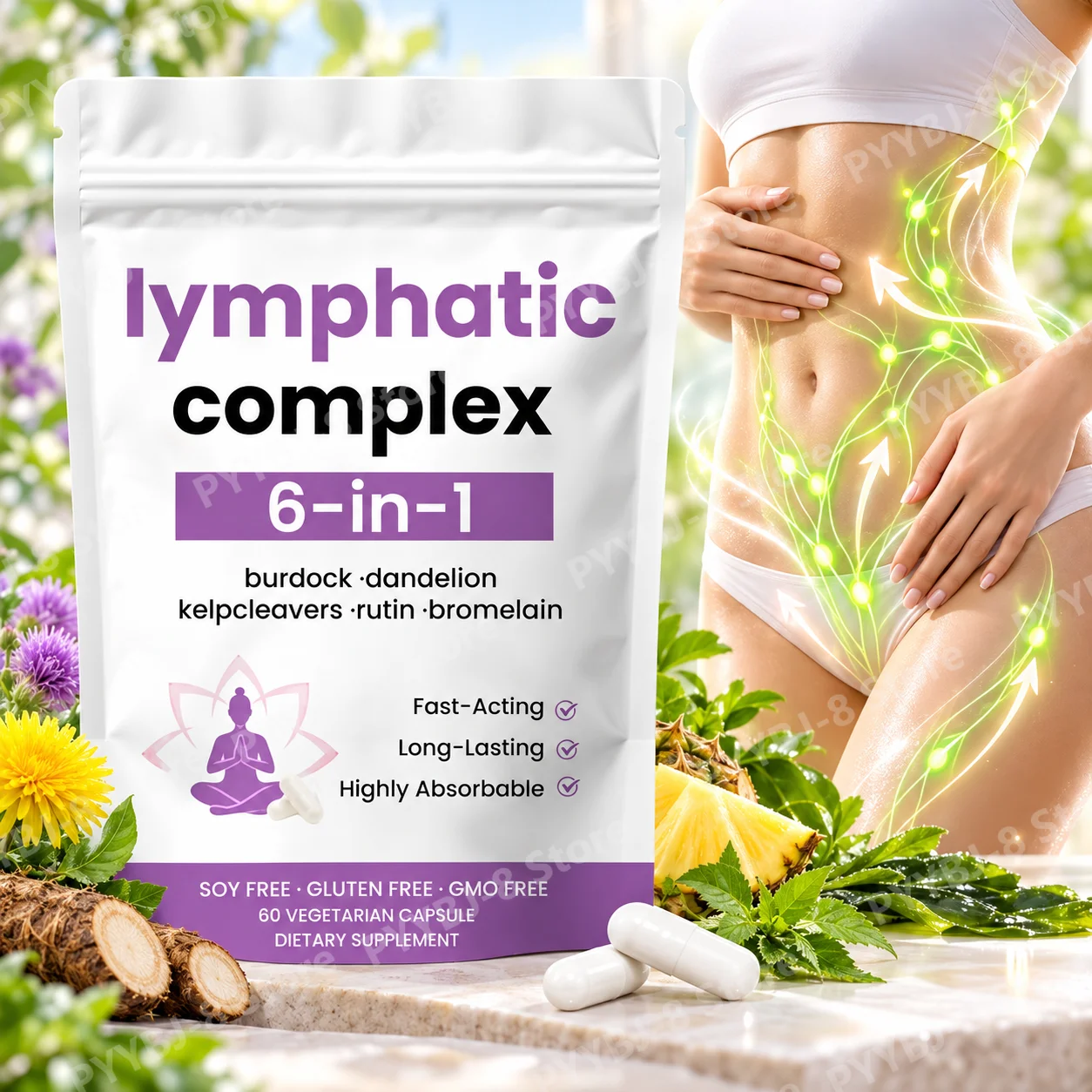 Lymphatic Complex Capsules,Support Lymphatic Drainage,Improve Blood Circulation,Relieve Bloating,Firm Smooth Skin,Burdock,60Ct