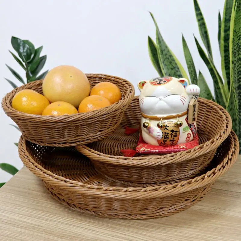 Rattan Wicker Woven Serving Baskets for Bread Fruit Vegetables Handmade Round Storage Basket Restaurant Display Rattan Basket