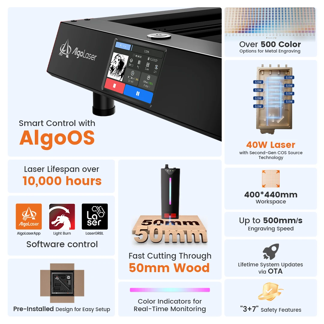 AlgoLaser 40W Incisore Laser Delta Smart Macchina per incisore laser 30000mm/min Taglio 50mm Legno acrilico con touch screen da 3,5 pollici