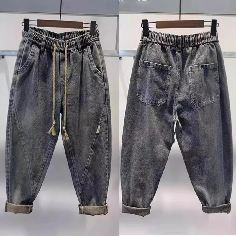 

Мужские джинсы-харлан из денима в американском ретро-стиле, большие размеры, весна-осень, с эластичным поясом, зауженные, повседневная одежда