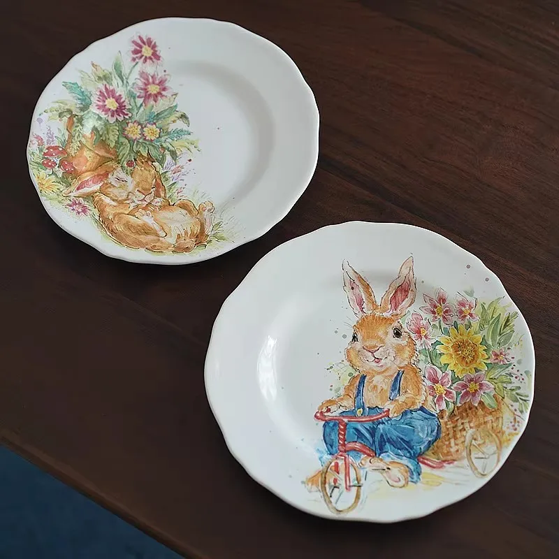 Rural-style Ceramic Illustration Rabbit Dinner Plate Fringed Underglaze Painted Vegetable Plate Dessert Plate Sweet Dish