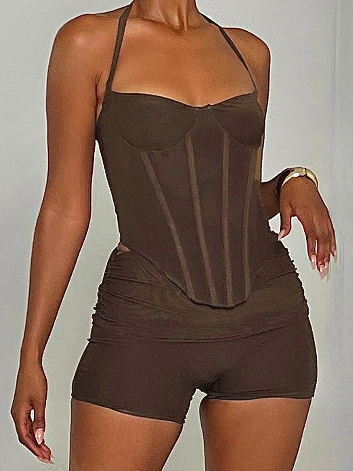 

FDEY Sexy Corset Solid Casual Two-piece Set Halter Backless Streetwear Slim Basic 90s Suit Sleeveless Summer Twinset