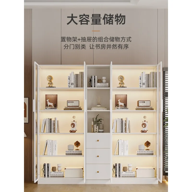 Figure cabinet glass door bookcase floor combination solid wood white bookcase display custom simple storage storage bookshelf