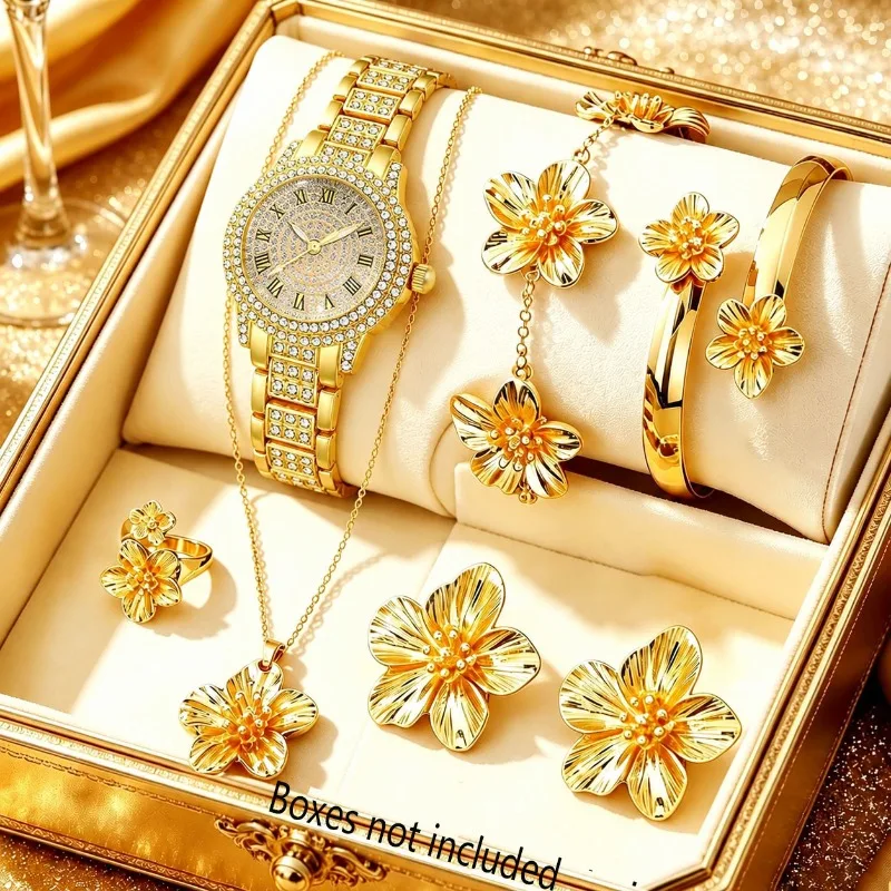 7-Piece Women's Fashionable and Elegant Set, Round Dial Watch - Suitable for Birthdays, Parties, and Student Gifts
