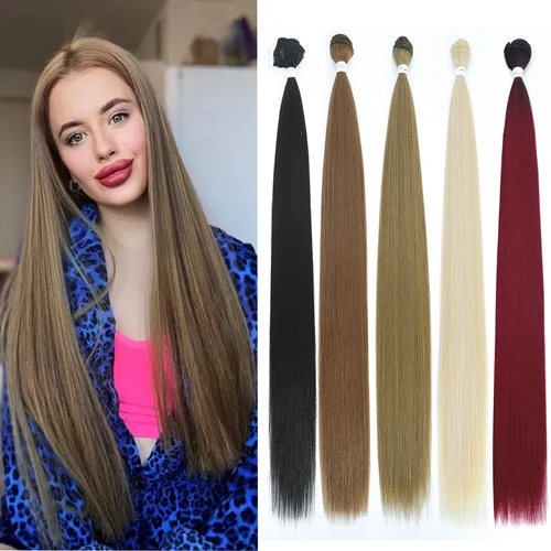 Imagen 2 del producto Paquete de cabello liso, extensión de cabello tejido sintético súper largo, cabello liso Yaki falso, tejido de Color naranja, completo hasta el extremo YunRong