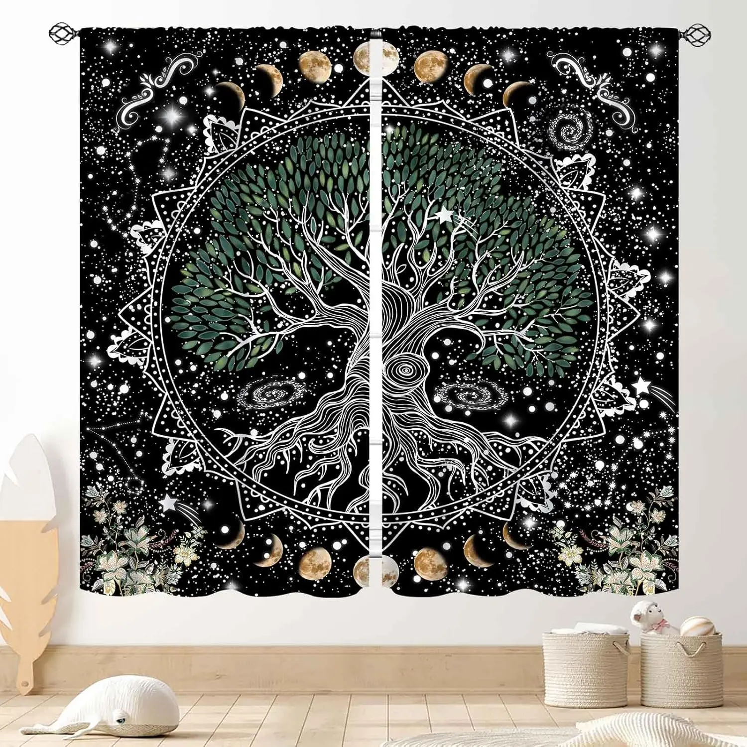 Bohemian Tree of Life Blackout Curtain Sun Moon Mandala Mystic Window Drapes Rod Pocket For Bedroom Living Room Home Decor