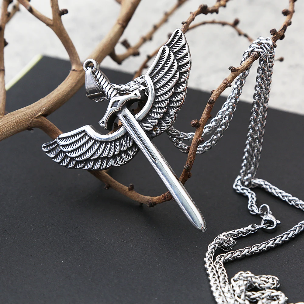 Vintage Angel Holy Sword Stainless Steel Cross Necklace For Men Fashion Jewelry Angel Wing Necklace Pendant Punk Men Chain