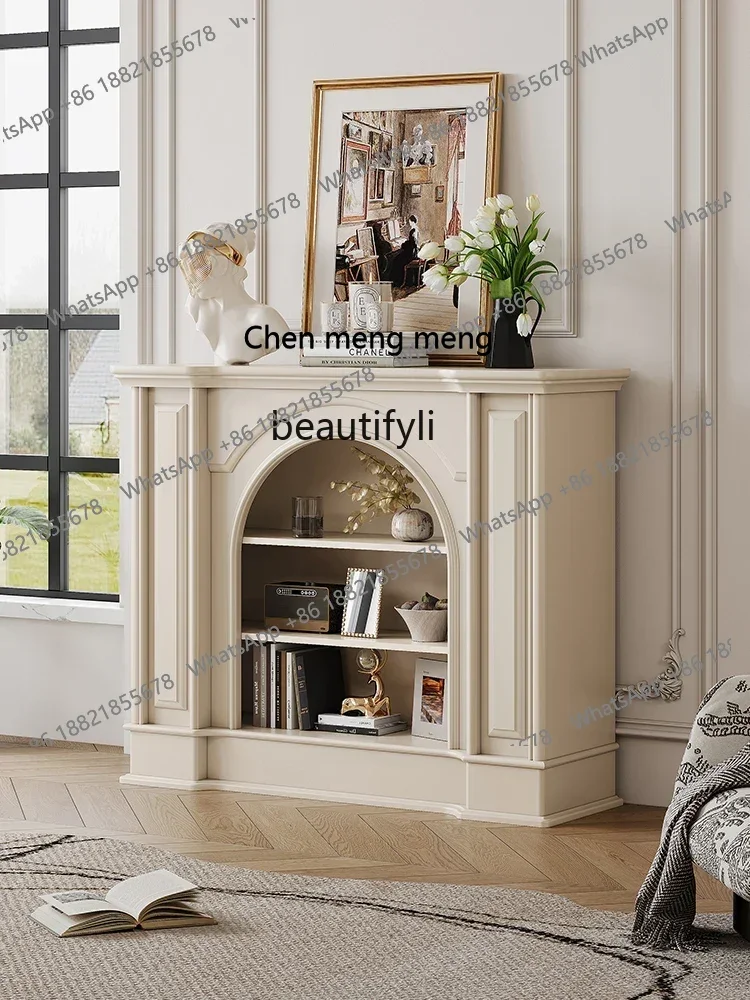 French cream wind all solid wood white fireplace cabinet household living room decoration cabinet, simple background cabinet