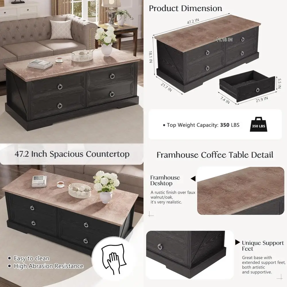 

Rustic Wooden Coffee Table with 4 Drawers for Living Room Storage, Easy Assembly Rectangle Home Office Furniture