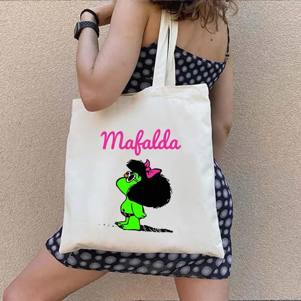 Kawaii Mafalda Shopping Bag Cute Anime Manga Girl Harajuku Flower Canvas Tote Bag Large Capacity Shopper Casual Shoulder Handbag