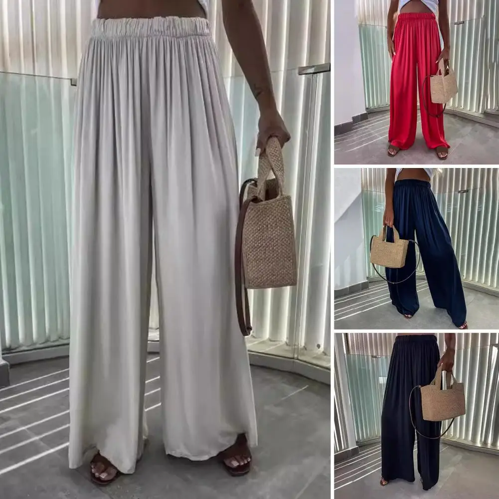 

Women Casual Pants Sporty Loose Fit Women's Wide Leg Pants Mid-rise Elastic Waist Solid Color Trousers for Summer Floor Length