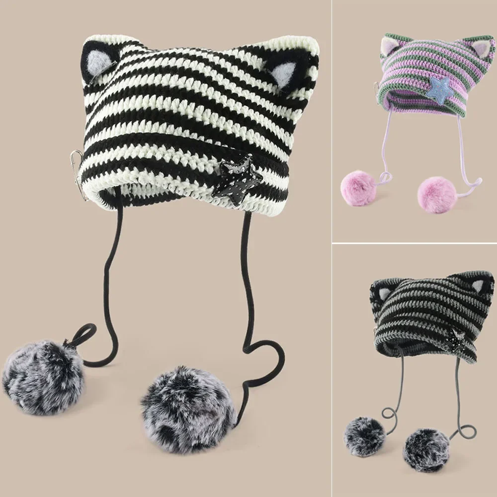 

2025 new Beanie Hat Ins Little Devil Striped Knitted Wool Cap Autumn and Winter Cute Cat Ears Pointed Pullover Women's Hats