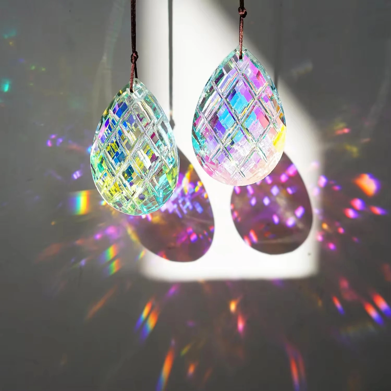 Waterdrop Grid Crystal Suncatcher Glass Prism Window Hanging Decor Rainbow Maker Chandelier Lamp Parts Replacement Pendant