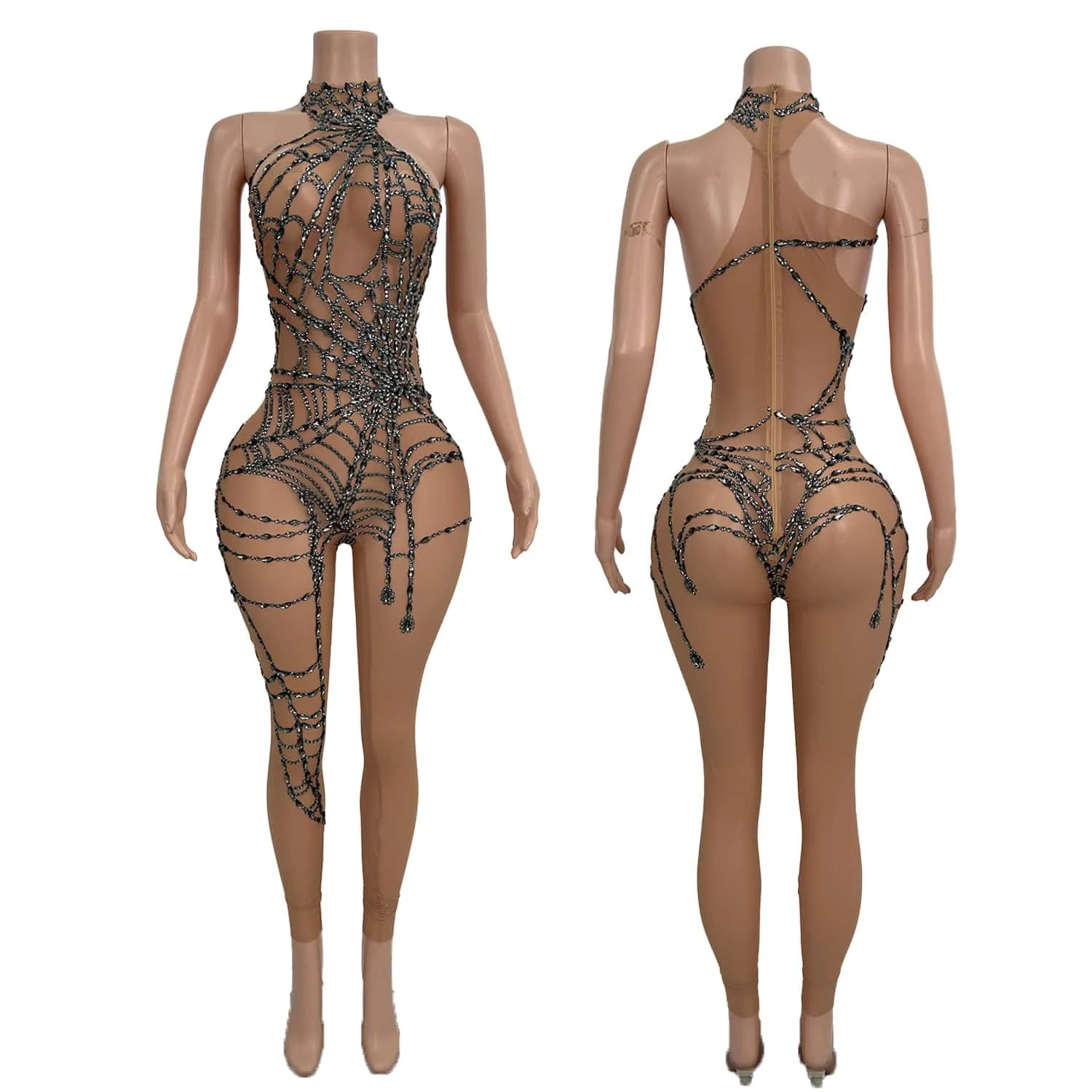 

Sparkly Crystal Spider Web Jumpsuit Sexy Mesh Nightclub Outfit Performance Dance Costume Party Celebrate Stage Wear Zhuwang