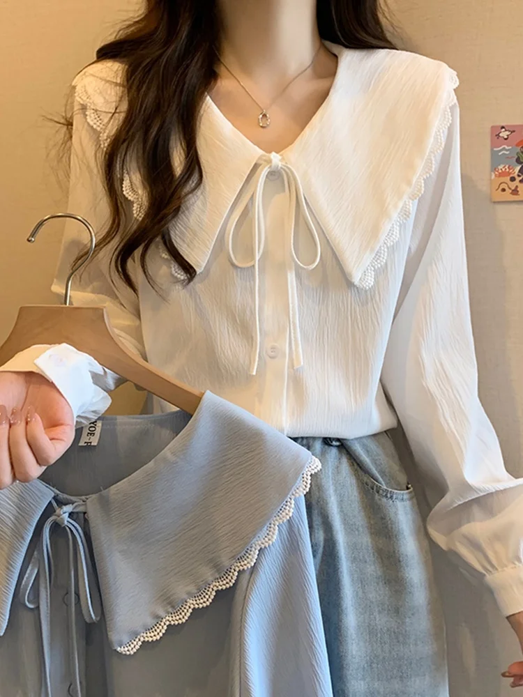 

Slimming Large Size Women's Spring Fashion White Doll Collar Shirt Jacket Trendy Age-Defying Top Korean Style Loose Fit Long ...