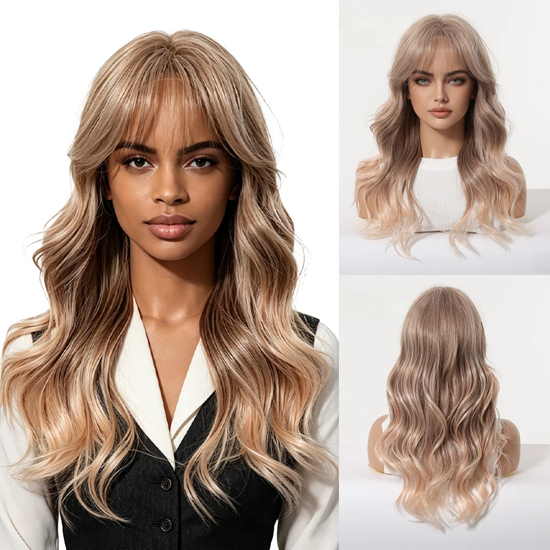 

Ombre Rose Gold Long Wavy Wig Pre Plucked Natural Hairline 20" Air Bangs Glueless Heat Resistant Daily Party Wig For Black Women