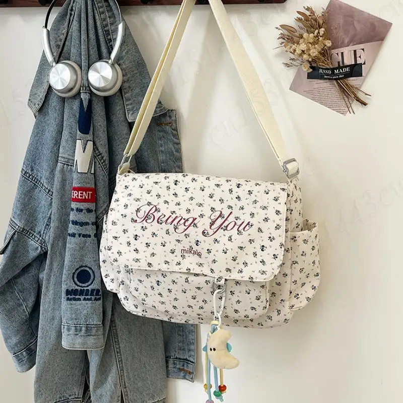 

INS Floral Print Crossbody Bags For Women Harajuku Messenger Bag & Plush Pendant College Student School Backpack Shoulder Bags