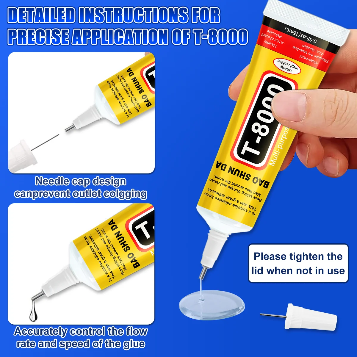 กาวใสแบบสัมผัส JXVX T8000 ใช้สำหรับงาน DIY เครื่องประดับ พลาสติก แก้ว สำหรับโทรศัพท์มือถือ และชิ้นส่วนอิเล็กทรอนิกส์