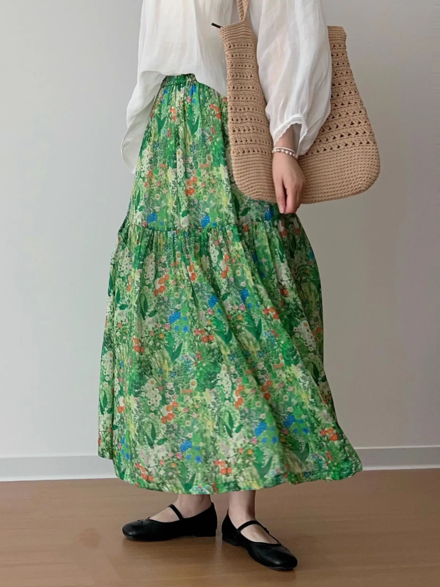 Artistic Floral Midi Skirt Women's Summer Elastic High Waist Slimming Draping Ethereal A-Line Cake Skirt Commute Style
