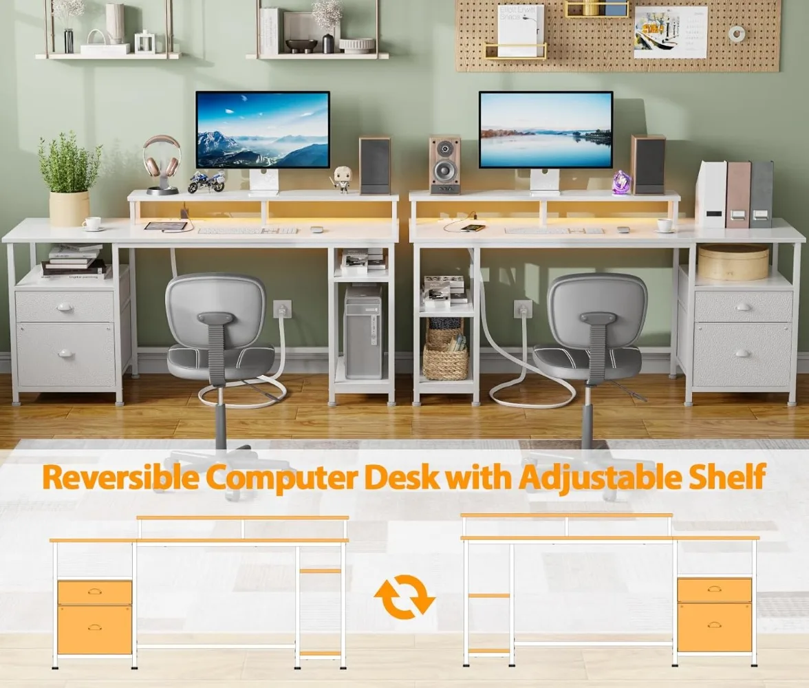 Furologee 61" Desk with LED Light & Power Outlets, Reversible Computer Desk with File Cabinet & Drawer, White Gamin