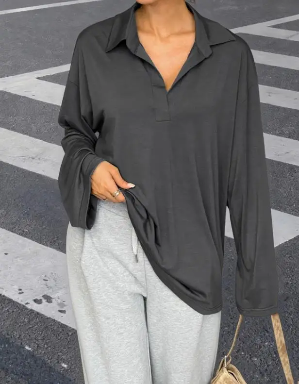 

Women's T-Shirt 2026 Spring Oversized Casual Simple Loose and Versatile Collar Long Sleeved T-Shirt Suitable for Daily Outings