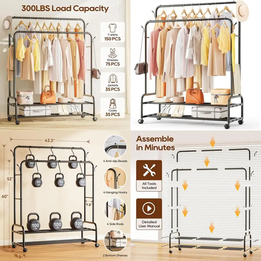 

Двухсекционная напольная вешалка для одежды с 2 полками для спальни, гостиной и прачечной