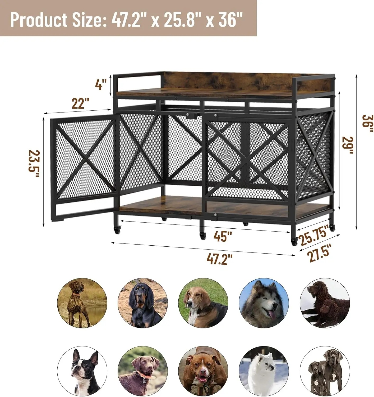 Large Dog Crate Furniture, 48 Inch Wooden Dog Kennel for XLarge Dogs, Heavy Duty Dogs Furniture Indoor Wire Dog Cage with