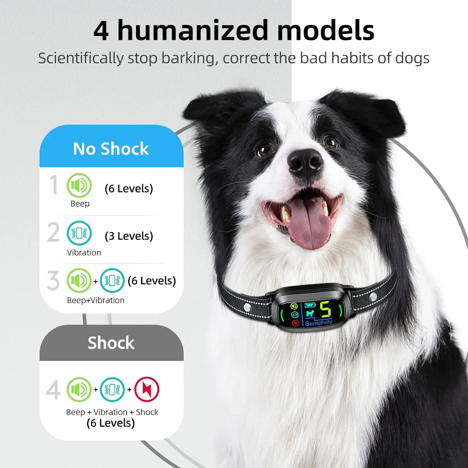 Advanced Smart Anti-Barking Dog Collar - Rechargeable, 5-Mode Training (Beep, Vibration, Shock) - Humane & Effective for Large,