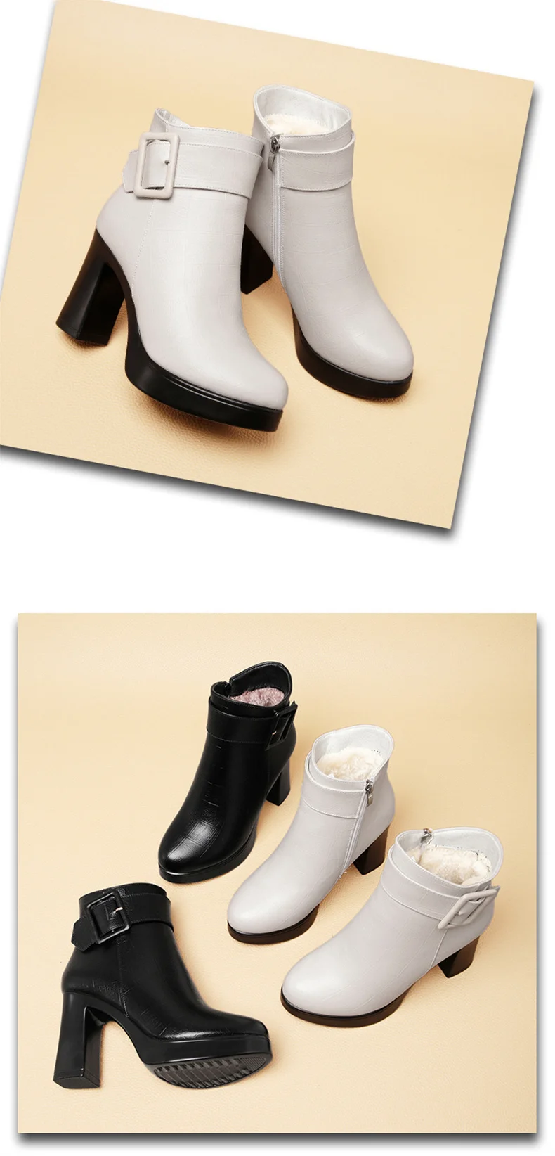 Winter Black Thick High Heel Ankle Boots Women 2024 Keep Warm Fashion Elegant Short Buckle Decoration Leather Boots