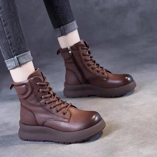 

Genuine Leather Boots Women's Thick Bottomed Short Boots Retro Fleece Lined Large Size Female Footwear High Top