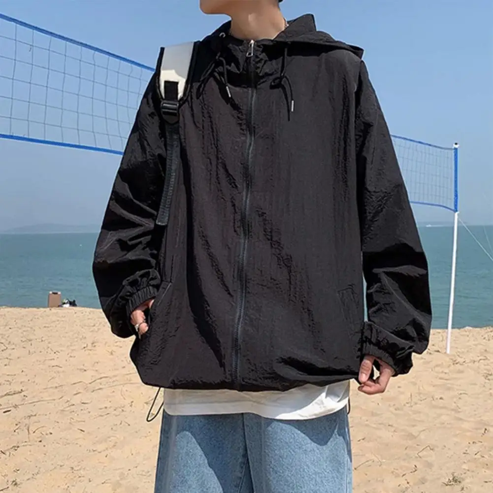 

Men Sun Protection Jacket Men's Sun Protective Hooded Jacket with Elastic Cuffs Loose Fit Windproof Design Outdoor Coat