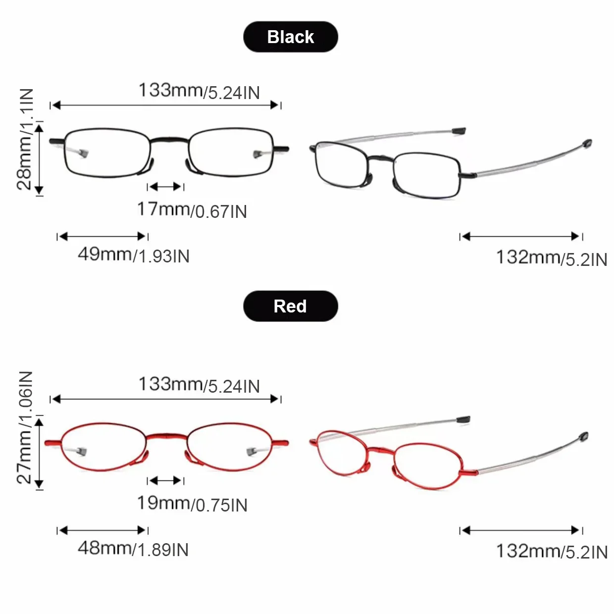 1pc Mini Portable Folding Reading Glasses With Case Women Men Foldable Presbyopic Glasses Full Frame Metal Black +1.5 +2.0 +2.5
