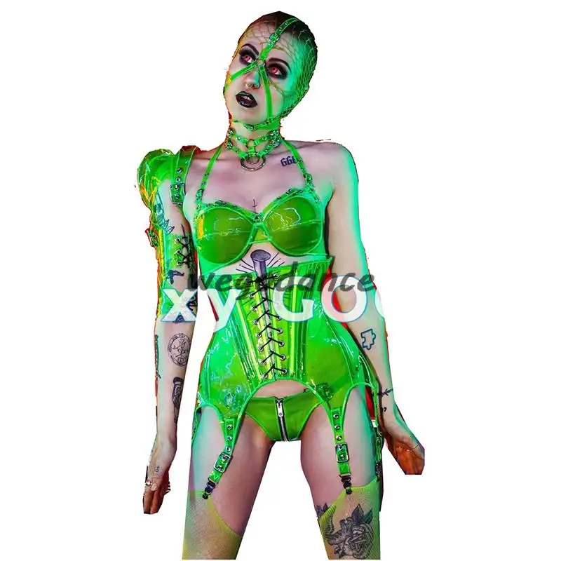 

Sexy GOGO Fluorescent Green Hollow Out Bar Gogo DS Atmosphere Performance Dress Walk Show Costume