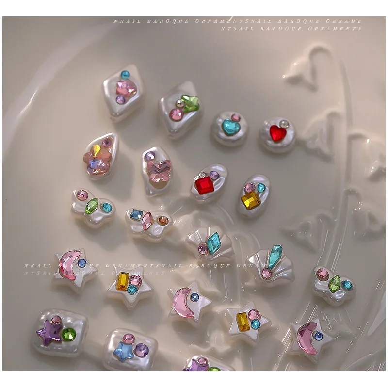 Piezas para mejora de uñas con incrustaciones de diamantes, joyería de perlas antiguas barrocas, concha de estrella de mar de verano, accesorios irregulares para arte de uñas, 5 uds.