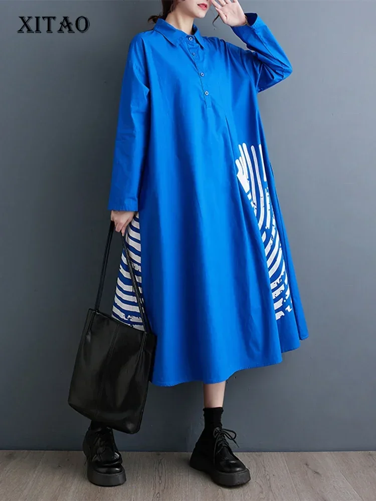 XITAO Casual Fashion Shirt Dress Loose Simplicity Contrast Color Print Women Long Sleeve Women Spring New Shirt Dress ZZ0101