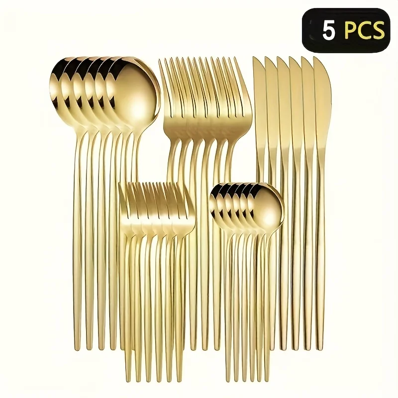 An Elegant 5-Piece Gold Stainless Steel Cutlery Set - including Knives, Forks, Spoons, and Dessert Spoons - Dishwasher Washable, Suitable for Homes, Kitchens, Restaurants, Hotels, Parties, Thanksgiving, Easter, Christmas, and Weddings,High-End Cutlery Set