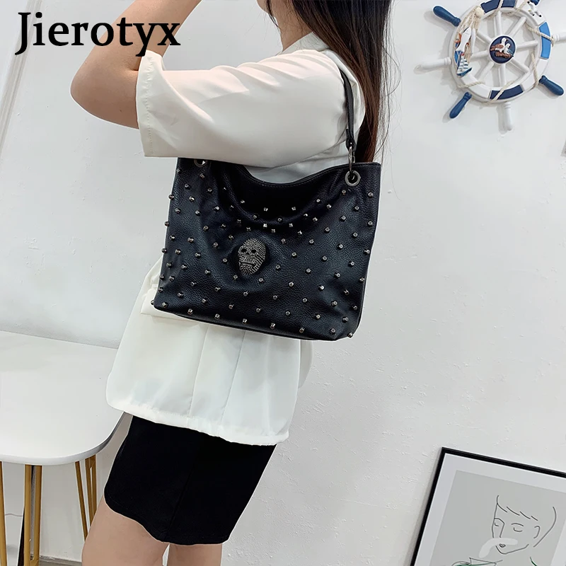 JIEROTYX Women Bag PU Leather Crossbody Bag Purse Gothic Skull Handbag High Quality Fashion Rivet Punk Shoulder Bags Female