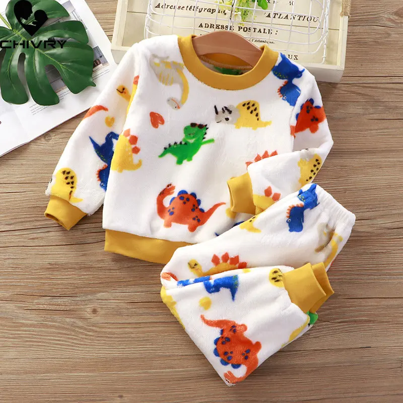 

New Autumn Winter Kids Thick Warm Soft Flannel Pajama Sets Baby Boys Girls Cartoon O-neck Clothing Sets Casual Sleepwear Pyjamas