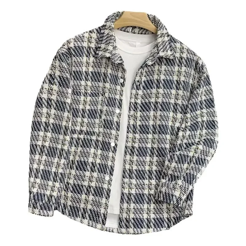 Plaid Shirt Korean Fashion Men Jacket Tweed Plaid Casual Jacket for Teenagers Simple Casual Tops Mens Coats Campus Style Jacket