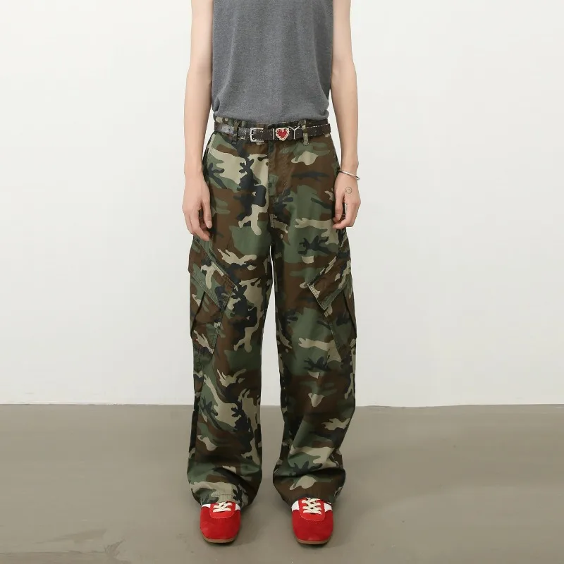 KIDWHXR Man Full-length Pant American Retro Camouflage Printed Male Trousers Loose Straight Mid Waist Outdoor Men Cargo Pant