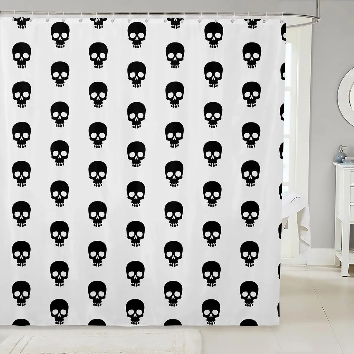 Skull Pattern Shower Curtain Black White Gothic Design Halloween Decor Punk Rock Theme Bathroom Art Bold Graphic Bath Linen