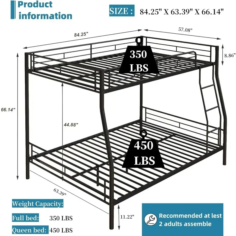 Full Over Queen Bunk Bed with Ladder Rungs for Dorm, Bedroom, Guest Room, Sturdy Steel Queen Bunk Bed Frame w/Safety Guardrail