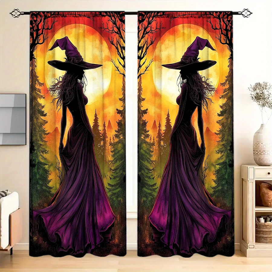 2PCS Digital Printed Curtains, Purple Witch Silhouette Sunset Forest Sky, Spooky Halloween Woodland Sorceress Window Decor