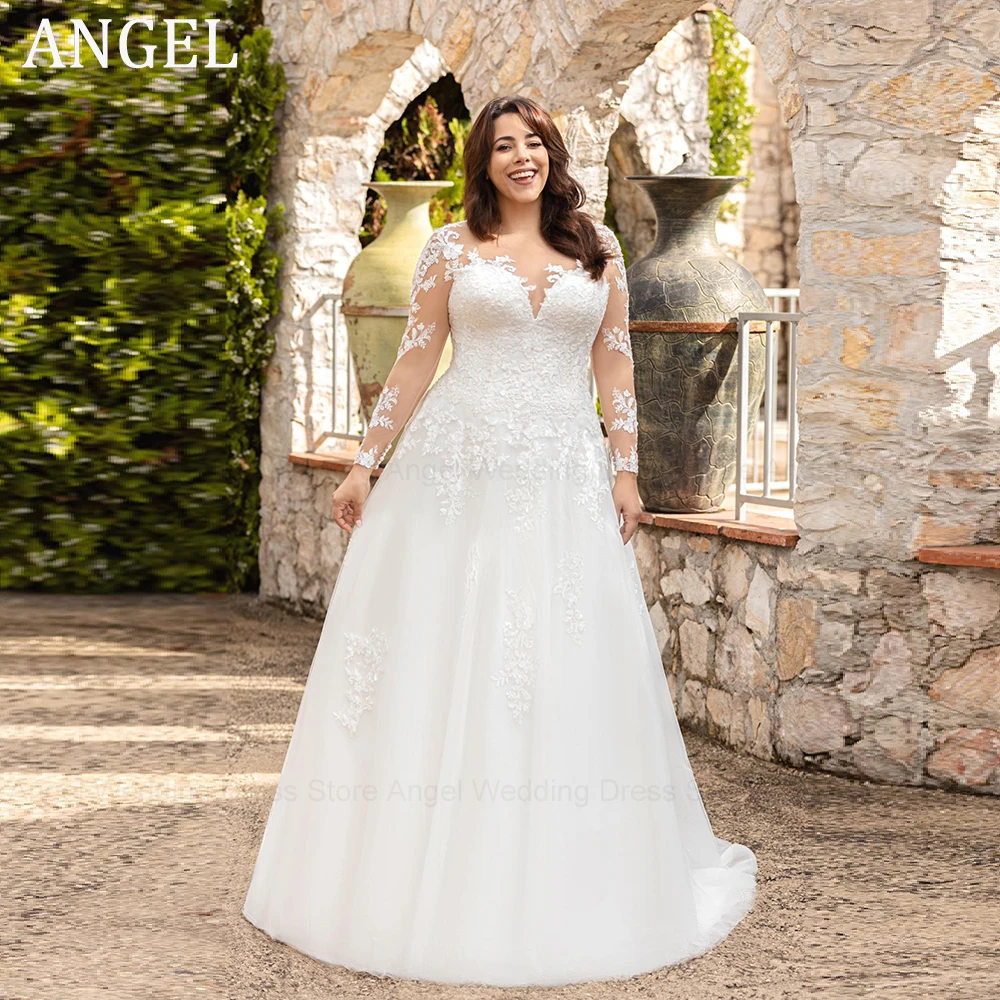 

ANGEL Exquisite Plus Size Wedding Dresses 2024 A-Line O-Neck Lace Appliqued Illusion Bridal Gowns Long Sleeves Vestido de Novia