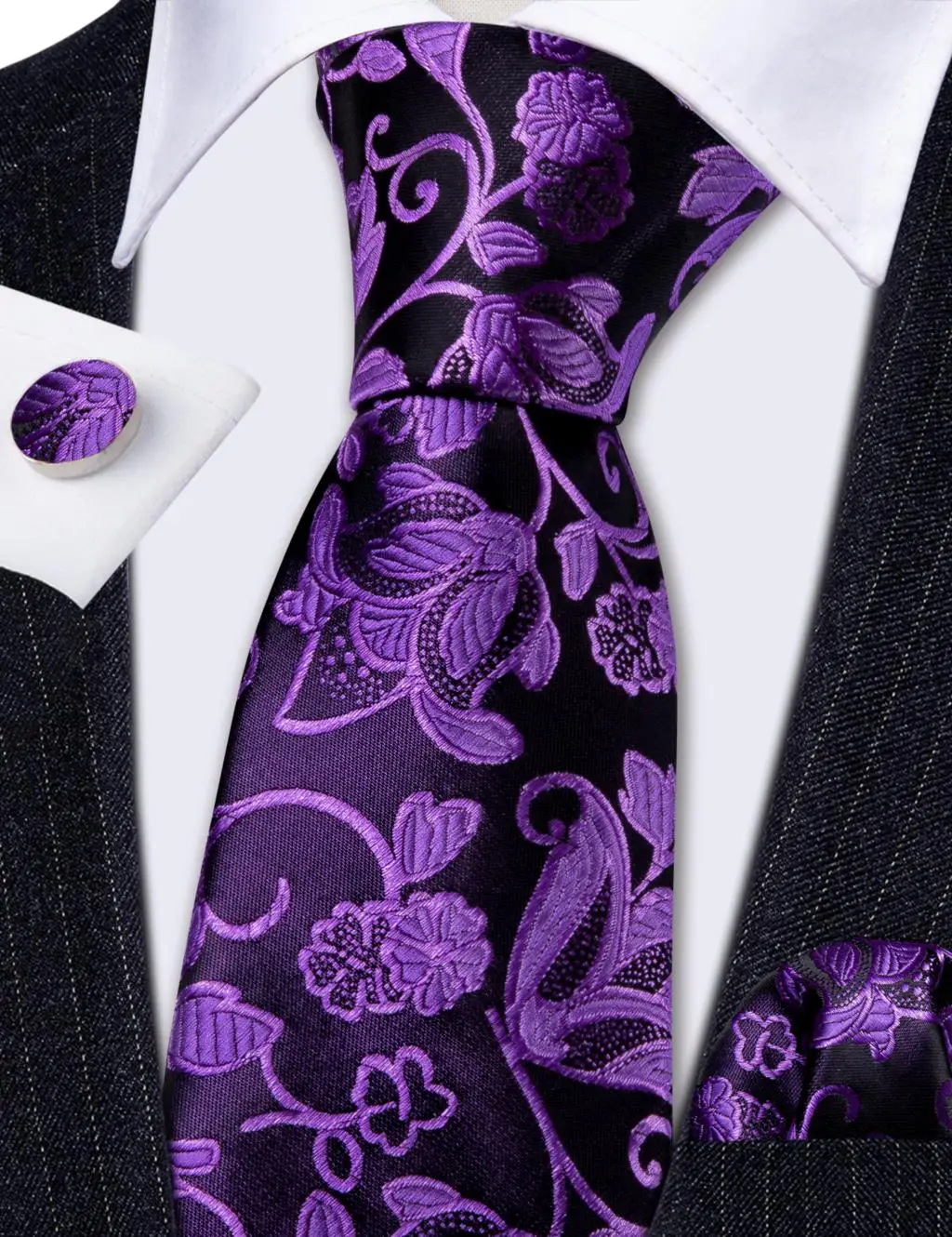 Purple Black Floral Silk Tie For MenWith Pocket Square Cufflink Set New Suit Necktie For Male Formal Designer Party Barry.Wang