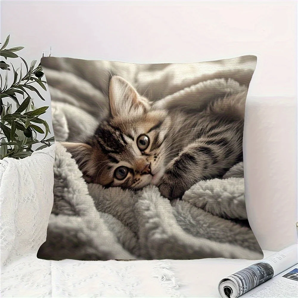 Kitten Cushion Cover Zipper Closure - Adorable Kitten Pillowcase  Sofa Decor Cover for Room Hand Washable (No Insert Included)