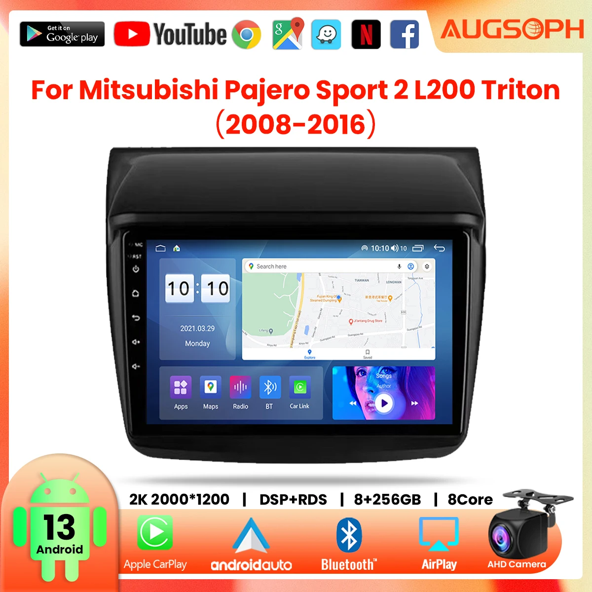 

Автомобильный радиоприемник Android 13 для Mitsubishi Pajero Sport 2 L200 Triton 2008-2016, 9 дюймов 2K мультимедийный плеер с 4G Car Carplay & 2D