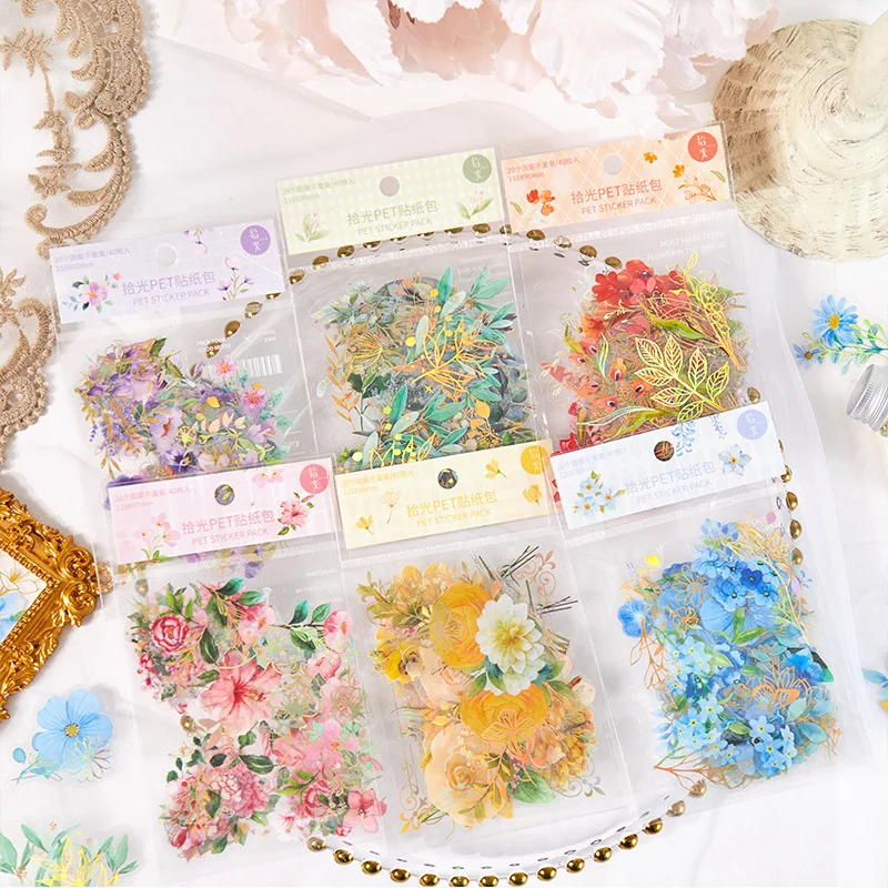 40pcs/lot Transparent Greenery Bloom Sticker Set, Multipurpose DIY Ornaments for Photo Album Making