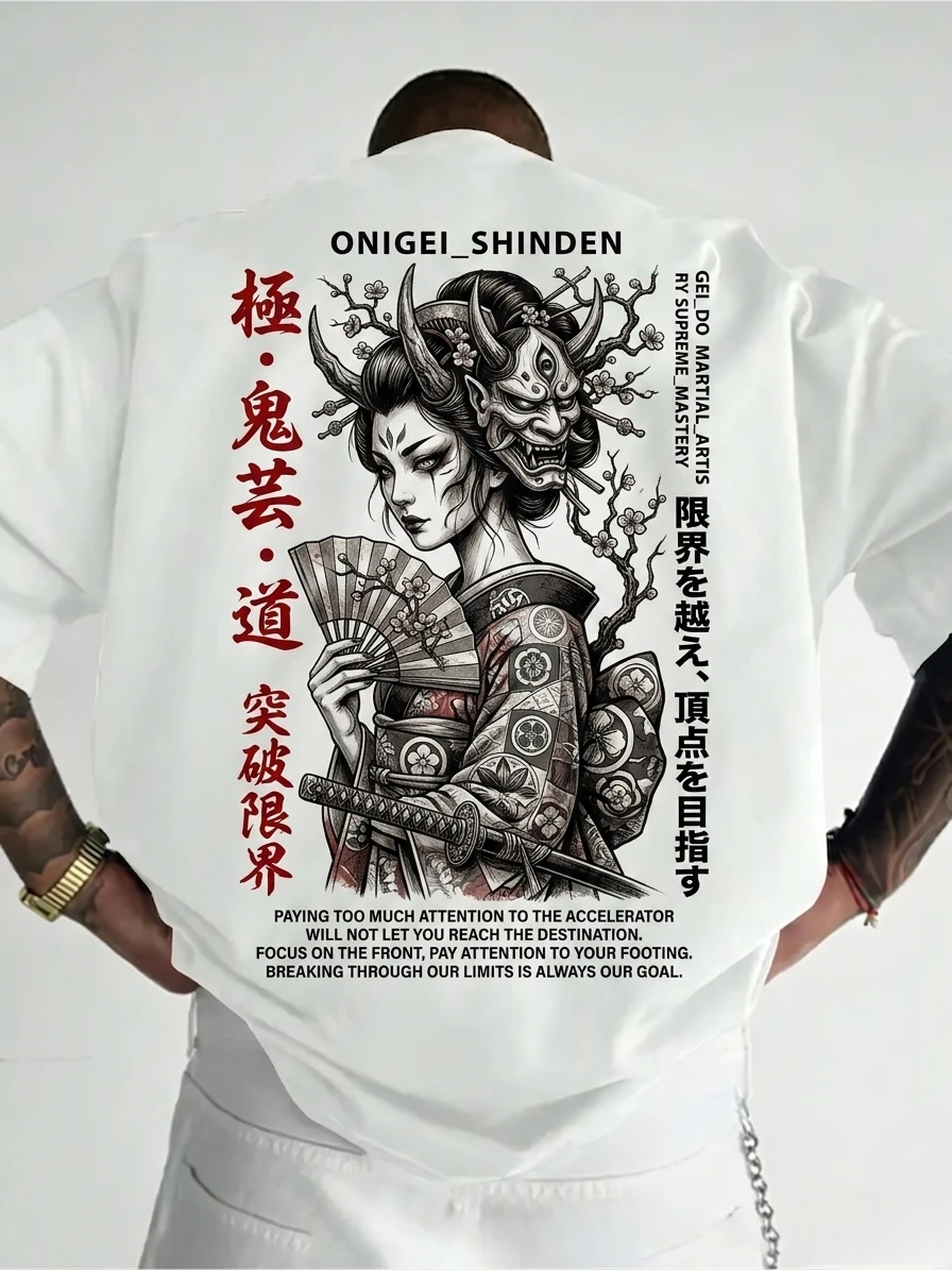 Japanese Geisha Oni Mask Samurai Graphic T Shirt Men Women 100% Cotton Short Sleeve Streetwear 